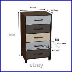 Dresser Nightstand Chest of Drawers Walnut Wood Grain with 5 Multicolor Stror