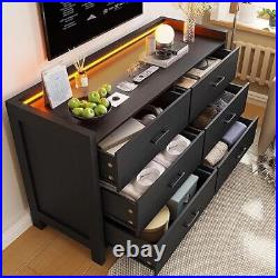 Dresser for Bedroom, 6 Drawer Double Dresser with LED Wood Chest Modern Storage