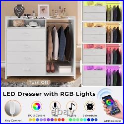 Dresser for Bedroom with Clothes Rail, Modern Chest of Drawers with LED Lights