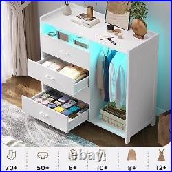 Dresser for Bedroom with Clothes Rail, Modern Chest of Drawers with LED Lights
