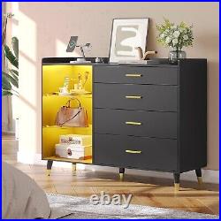 Dresser for Bedroom with LED Light Chest of 4 Drawers Glass Open Storage Shelves