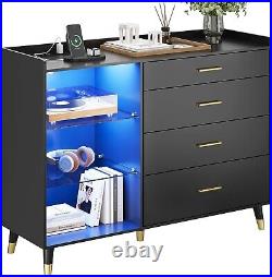 Dresser for Bedroom with LED Light Chest of 4 Drawers Glass Open Storage Shelves