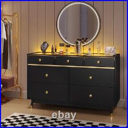 Dresser for Bedroom with LED Lights Glass Top Black Dressers & Chests of Drawers