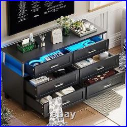 Dresser with 6 Drawers &LED Light, Modern Chest of Drawers Large Storage Cabinet