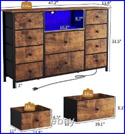 Dresser with Charging Station and LED Lights, Long Dresser for Bedroom 10 Drawers