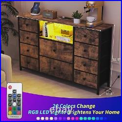 Dresser with Charging Station and LED Lights, Long Dresser for Bedroom 10 Drawers