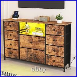 Dresser with Charging Station and LED Lights, Long Dresser for Bedroom 10 Drawers