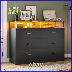Dresser with LED Lights, Chests of Drawers with Column Design & Charging Station