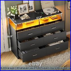Dresser with LED Lights, Chests of Drawers with Column Design & Charging Station