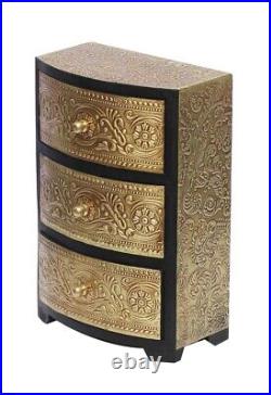 Elegant Handcrafted 3-Drawer Wooden Chest with Embossed Brass Floral Design