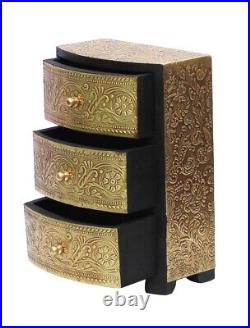 Elegant Handcrafted 3-Drawer Wooden Chest with Embossed Brass Floral Design