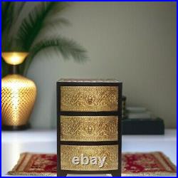 Elegant Handcrafted 3-Drawer Wooden Chest with Embossed Brass Floral Design