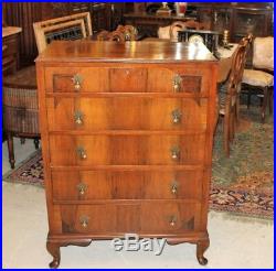 English Antique Burl Walnut Wood Queen Anne Chest of Drawers Bedroom Furniture