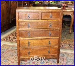 English Tiger Oak Arts & Crafts Small 5 Drawer Chest Bedroom Furniture