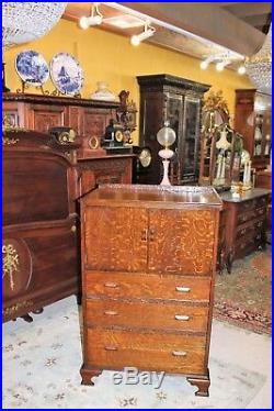 English Tiger Oak Wood Antique Cabinet 3 Drawer 2 Door Chest Small Dresser