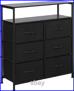 Fabric Dresser Chest with 6 Drawers, Drawer Chest with 2 Tier Wood Shelves, Tall