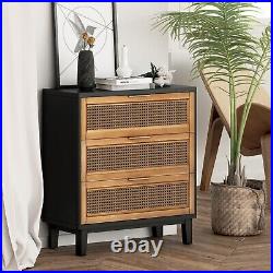 Farmhouse 3 Drawer Rattan Nightstand Cane Front Accent Dresser with Brass Pull