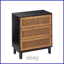 Farmhouse 3 Drawer Rattan Nightstand Cane Front Accent Dresser with Brass Pull