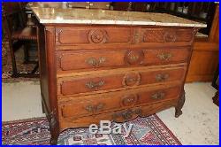 French Antique Carved Oak Wood Louis XV Marble Top Chest of Drawers / Sideboard