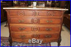 French Antique Carved Oak Wood Louis XV Marble Top Chest of Drawers / Sideboard