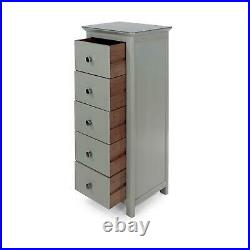 Grey Painted Narrow Tall Bedside Chest 5 Drawers & Glass Top Bedroom Storage