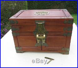 Hardwood & Brass Chinese Jewellery Chest / Box with Lock & 3 Drawers