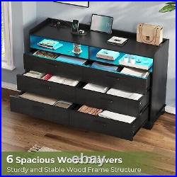 LED 6 Drawer Dresser for Bedroom Wood Chest of Drawers with Charging Station