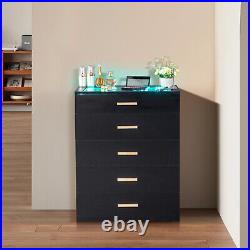 LED Dresser with 5-Drawer Bedroom Chest of Drawers Cabinet withTempered Glass Top