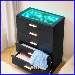 LED Dresser with 5-Drawer Bedroom Chest of Drawers Cabinet withTempered Glass Top