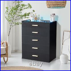 LED Dresser with 5-Drawer Bedroom Chest of Drawers Cabinet withTempered Glass Top