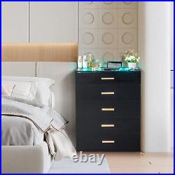 LED Dresser with 5-Drawer Bedroom Chest of Drawers Cabinet withTempered Glass Top