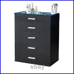 LED Dresser with 5-Drawer Bedroom Chest of Drawers Cabinet withTempered Glass Top