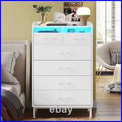 LED White Dresser for Bedroom Large Capacity Storage Cabinet Chest of 6 Drawers