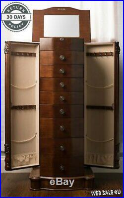 Large Jewelry Box Stand Floor Solid Wood Chest 8 Drawer Organizer Armoire Luxury