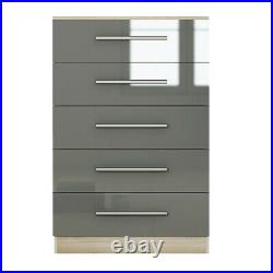 Large Oak/ Grey Gloss 5 Drawer Chest of Drawers Modern Bedroom Furniture