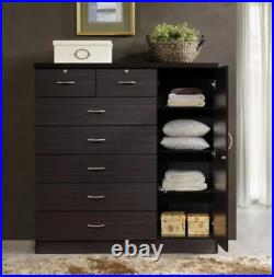 Large Wood Bedroom Dresser Brown Cabinet Tall Chest with 7 Drawers Door 3 Locks