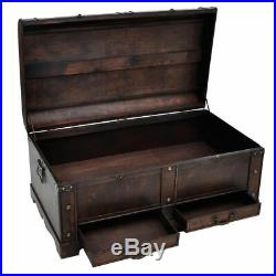 Large Wood Treasure Chest Vintage Coffee Table Storage Trunk Pirate Box Drawers