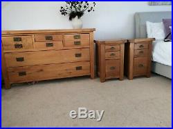 Large solid oak chest of drawers x2 bedside tables