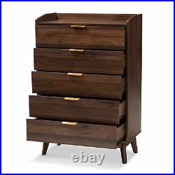 Lena Mid-Century Modern Walnut-Finished Wood 5-Drawer Dresser Storage Chest