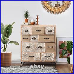 Luxenhome Wood 11-Drawer Chest, Carved Wood Storage Cabinet with Metal Legs, Rus