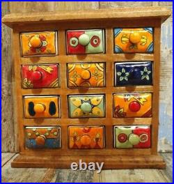 Mango Wood Chest Of 12 Ceramic Drawers Jewellery Spices Trinkets Fair Trade