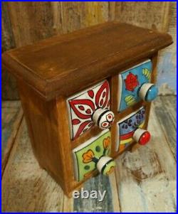 Mango Wood Chest With Feet 4 Ceramic Drawers For Spices Jewellery Fair Trade