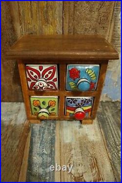 Mango Wood Chest With Feet 4 Ceramic Drawers For Spices Jewellery Fair Trade