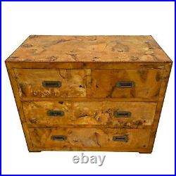 Mid Century Italian Olive Wood Patch Burl Campaign Chest of Drawers