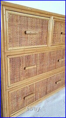 Mid century rattan chest of drawers, vintage bamboo dresser, bohemian, boho