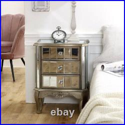 Mirrored 3 drawer bedside table antique silver vintage shabby chic bedroom chest
