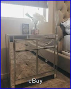 Mirrored Silver Cabinet Chest Bedside Nightstand Drawers Storage Accent Modern