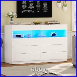 Modern 8 Drawer Double Wide Dresser with LED Lights Chest of Drawers for Bedroom