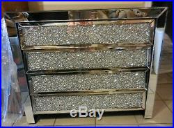 Modern Glam Bling Contemporary Mirrored Dresser 4 Drawer Chest Crushed Crystals