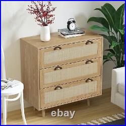 Modern Rattan Wood Chest of 3 Drawer Dresser Storage Cabinet for Living Bedroom